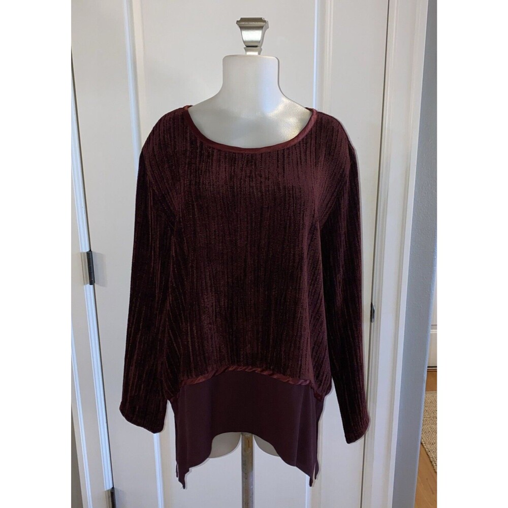 Coldwater‎ Creek Womens Velvet Chenille Blouse Top Size PL Burgundy Pullover
